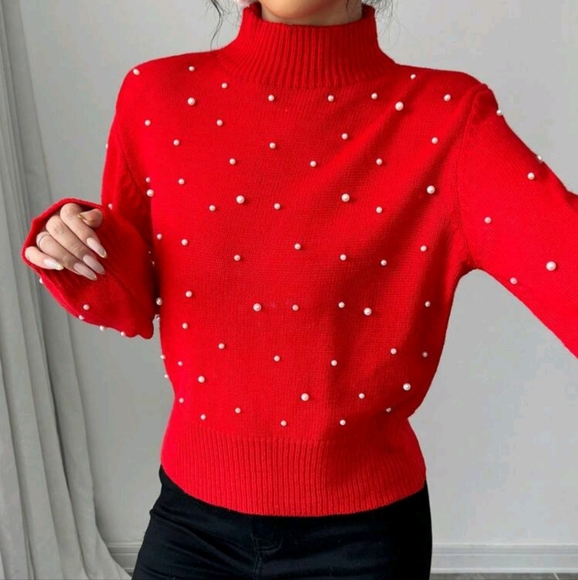 Women's Fashionable Pearl Beaded Turtleneck Drop Shoulder Loose Knit Pullover - Picture 4 of 4